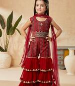 Maroon embroidered banarasi silk kids salwar suits