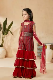 Maroon embroidered banarasi silk kids salwar suits