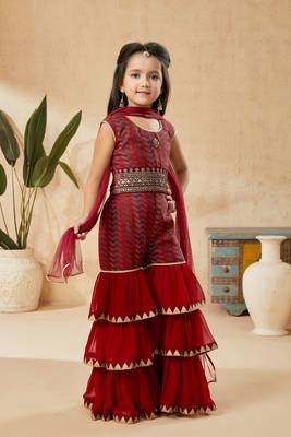 Maroon embroidered banarasi silk kids salwar suits 3