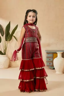 Maroon embroidered banarasi silk kids salwar suits