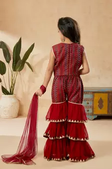 Maroon embroidered banarasi silk kids salwar suits