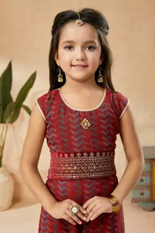 Maroon embroidered banarasi silk kids salwar suits