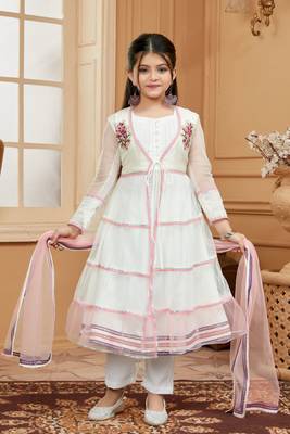 White embroidered net kids salwar suits 1