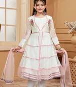 White embroidered net kids salwar suits