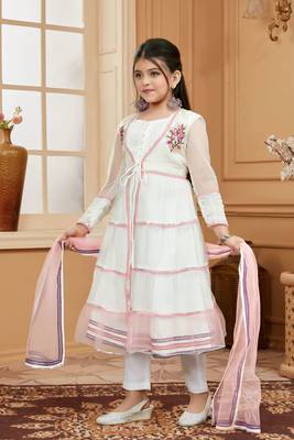 White embroidered net kids salwar suits 2