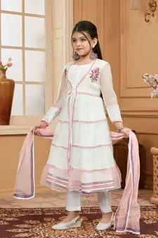 White embroidered net kids salwar suits