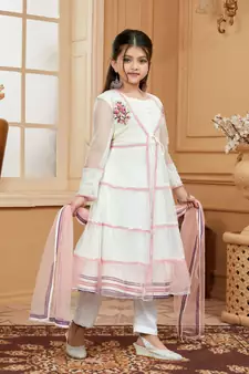 White embroidered net kids salwar suits