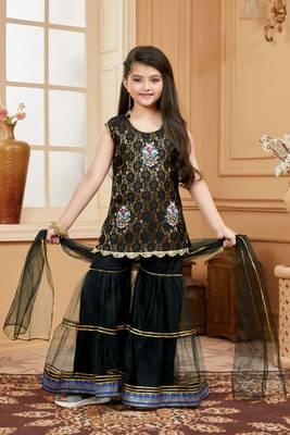 Black embroidered net kids salwar suits 1