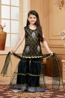 Black embroidered net kids salwar suits