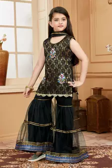 Black embroidered net kids salwar suits