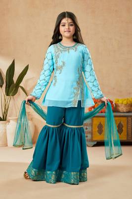 Blue embroidered faux georgette kids salwar suits 1