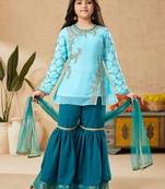 Blue embroidered faux georgette kids salwar suits
