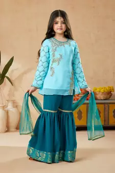 Blue embroidered faux georgette kids salwar suits