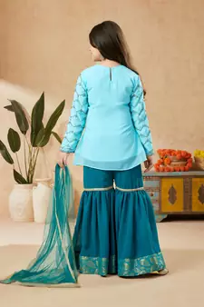 Blue embroidered faux georgette kids salwar suits