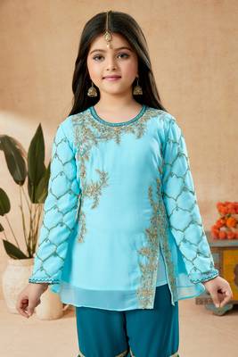 Blue embroidered faux georgette kids salwar suits 4
