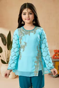 Blue embroidered faux georgette kids salwar suits
