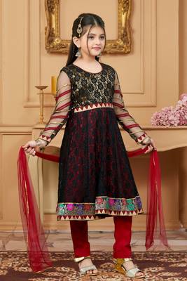 Black embroidered net kids salwar suits 3