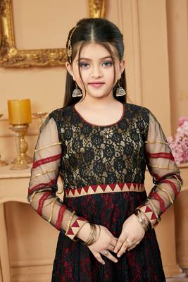 Black embroidered net kids salwar suits 5