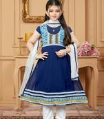 Blue embroidered faux georgette kids salwar suits