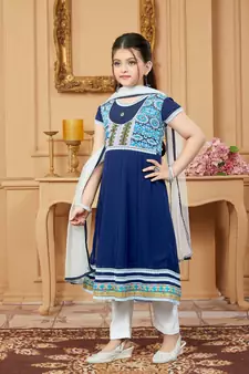 Blue embroidered faux georgette kids salwar suits
