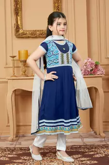 Blue embroidered faux georgette kids salwar suits