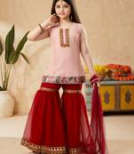 Pink embroidered net kids salwar suits