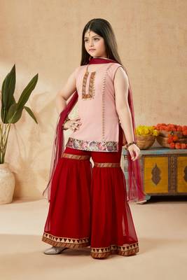 Pink embroidered net kids salwar suits 2