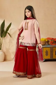 Pink embroidered net kids salwar suits