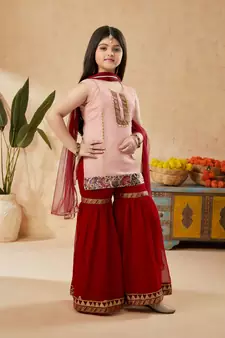 Pink embroidered net kids salwar suits