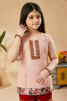Pink embroidered net kids salwar suits