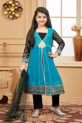 Green embroidered faux georgette kids salwar suits 1