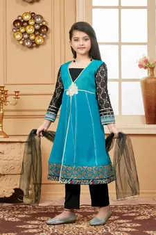 Green embroidered faux georgette kids salwar suits
