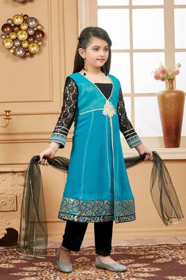 Green embroidered faux georgette kids salwar suits 3
