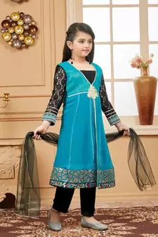 Green embroidered faux georgette kids salwar suits
