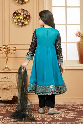 Green embroidered faux georgette kids salwar suits 4