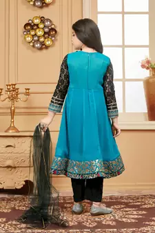 Green embroidered faux georgette kids salwar suits