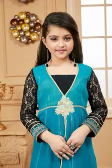 Green embroidered faux georgette kids salwar suits