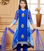 Blue embroidered faux georgette kids salwar suits