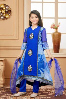 Blue embroidered faux georgette kids salwar suits 2