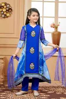 Blue embroidered faux georgette kids salwar suits