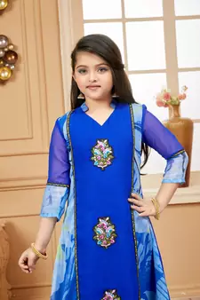 Blue embroidered faux georgette kids salwar suits