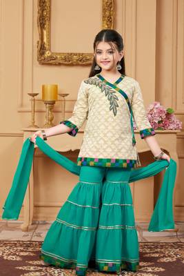 Beige embroidered banarasi silk kids salwar suits 1