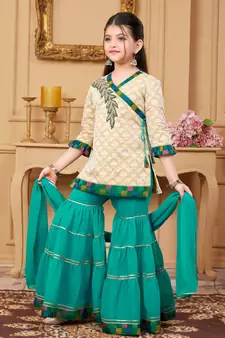 Beige embroidered banarasi silk kids salwar suits