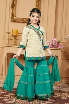 Beige embroidered banarasi silk kids salwar suits