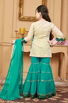 Beige embroidered banarasi silk kids salwar suits
