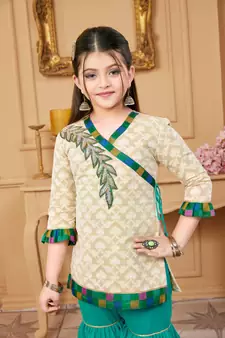 Beige embroidered banarasi silk kids salwar suits