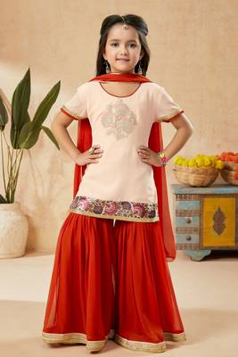 Pink embroidered net kids salwar suits 1