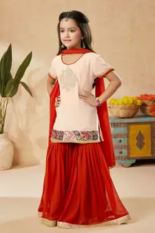 Pink embroidered net kids salwar suits