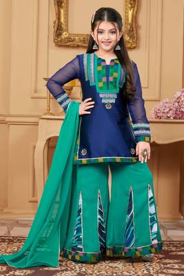 Blue embroidered taffeta kids salwar suits 1
