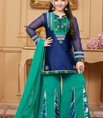 Blue embroidered taffeta kids salwar suits